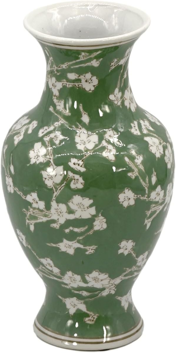 Galt International Floral Chinoiserie Ceramic Vase 14" - Green Sakura Hand Painted Antique Style Porcelain Flower Bottle Fishtail Porcelain Chinese Vase for Home Decor Centerpiece