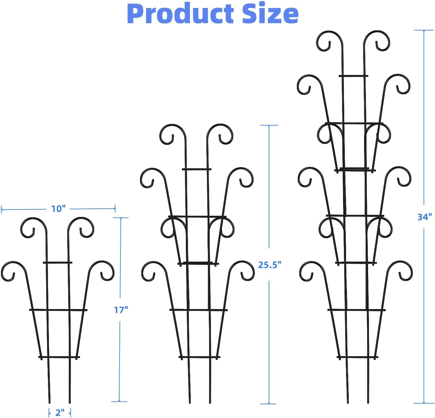 Garden Plant Trellis for Indoor Plants, Stackable Metal Trellis Supports for Climbing Plants or Houseplants, 3 Pack, Black (10"(W) x 17"(H))