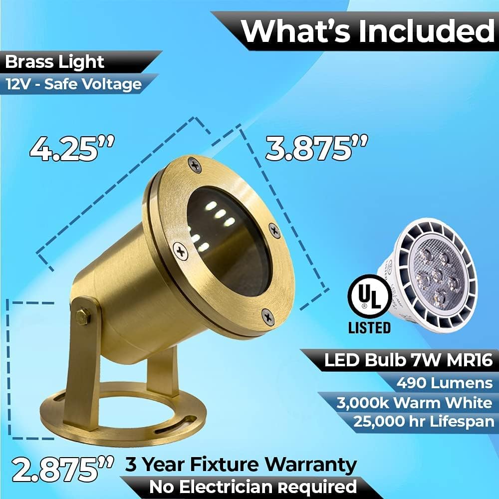 Waterproof Underwater Light 176 Solid Brass 7W MR16 LED Bulb Pond Light Submersible Waterfall Pool Fountain for Beautiful Bright Long Lasting Home Garden Patio Pool