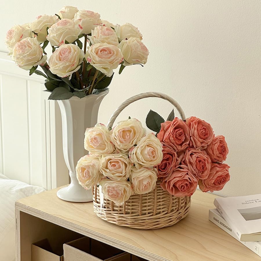 Kimura's Cabin 12pcs Lifelike Faux Silk Roses Flowers with Stem Artificial Rose Bouquet Fake Vintage Roses Dried Flower for Valentines Day Home Centerpiece Wedding Party DIY Decoration(Pink White)