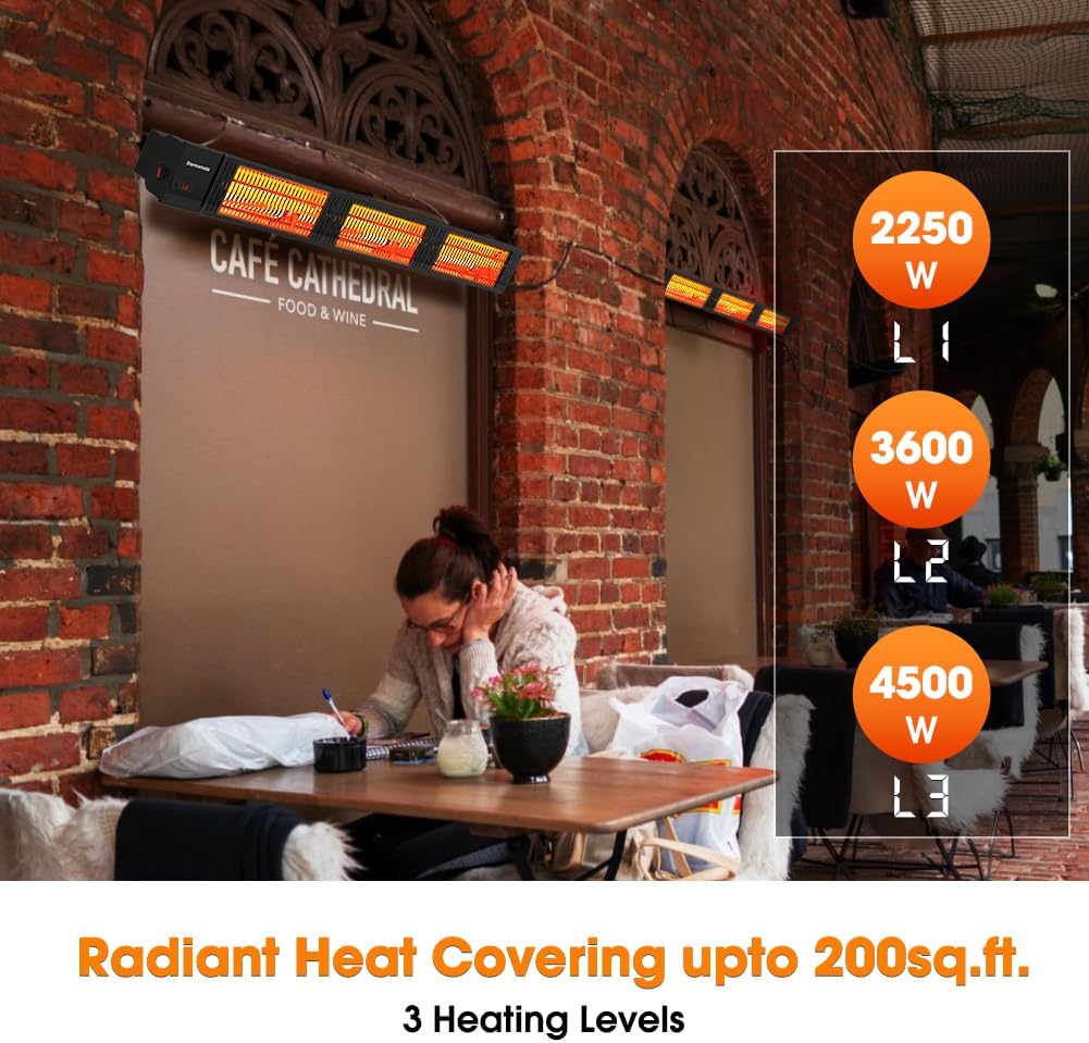 ThermoMate Infrared Outdoor Patio Heater, 4500W Carbon Fiber Heating for Porch, Deck, Garage with Remote 24 Hours Timer, Hard Wired 240V