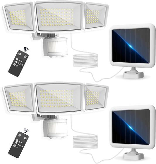 Energetic Solar Outdoor Lights, 1800LM 192 LED Security Motion Sensor Outdoor Lights with Remote Control, IP65 Waterproof Floodlight, 3 Head Motion Detected Spotlight for Garage, Pack of 2 (White)
