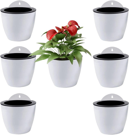 ShoppeWatch Self Watering Wall Planters for Indoor Plants 7 Pack | Hanging Planters Medium 5 Inch with Hooks | White Wall Pots for Plants | 5.0 x 5.3 inches PL34