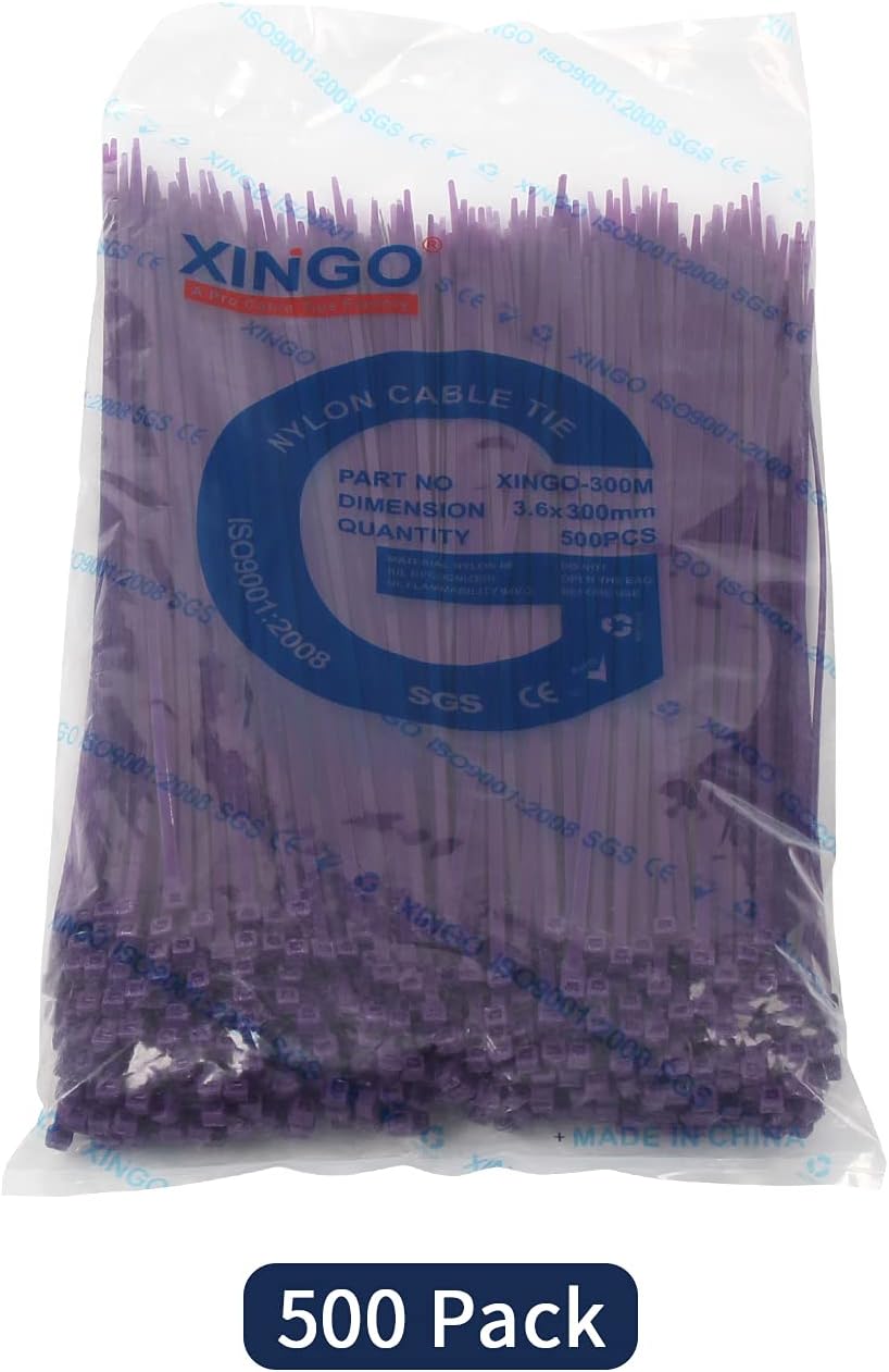 XINGO Cable Zip Ties (500 Pack), 40 Pounds Tensile Strength-Heavy Duty, Ultra Strong Durable Zipties, Self-Locking UV Resistant Nylon Plastic Wire Ties for indoor and outdoor (12 Inch, Purple)