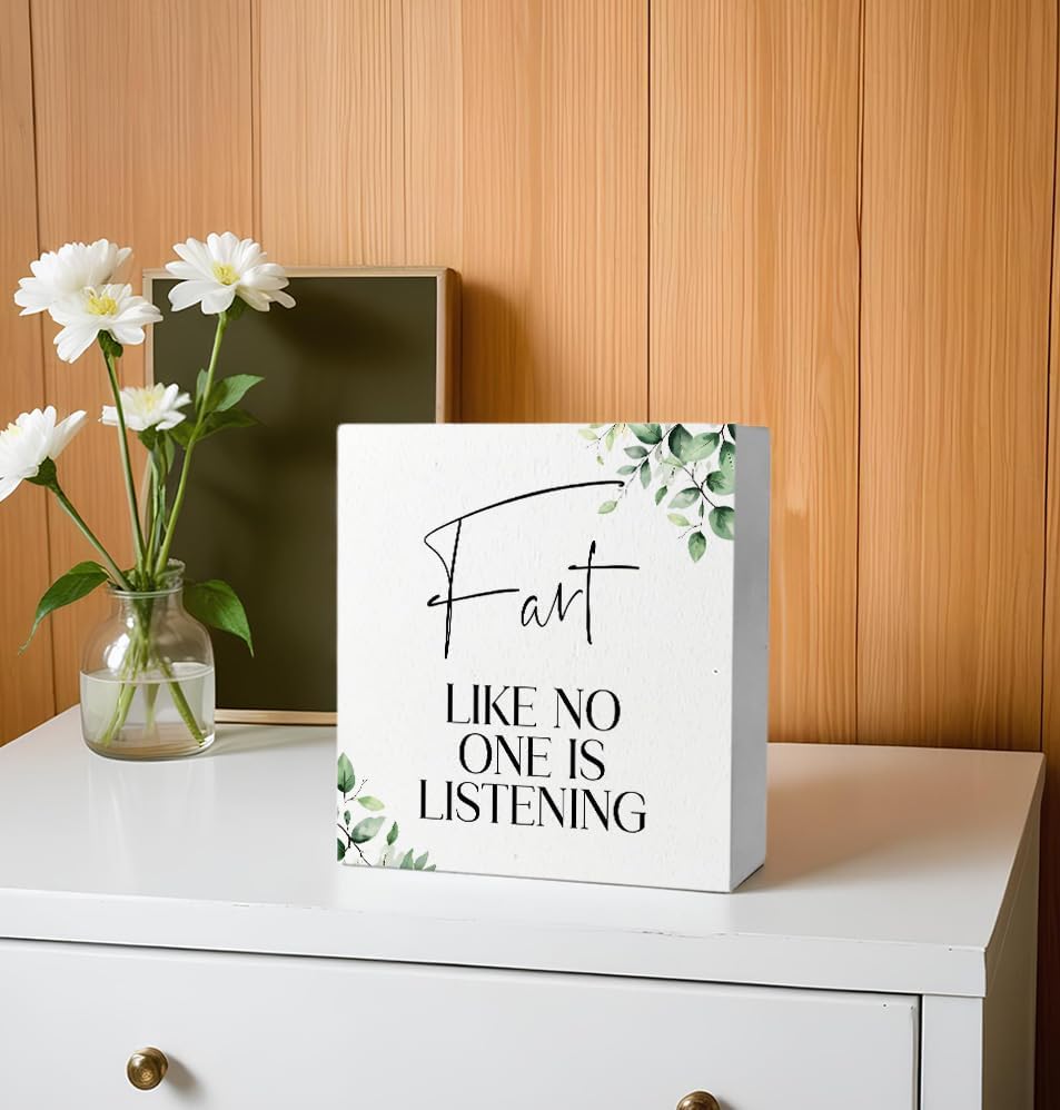 Fart Like No One Is Listening Funny Bathroom Wooden Box Sign, Eucalyptus Botanical Wood Signs for Restroom Bathroom Toilet Half Bath Shelf Counter Decor, 5x5 Inch