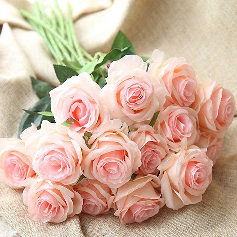 AMZALI 10PCS Artificial Flowers, Silk Artificial Rose Flowers Real Looking Blush Flower Home Decorations for Bridal Wedding Bouquet, Birthday Flowers Bunch Hotel Party Garden Floral Decor (Pink)