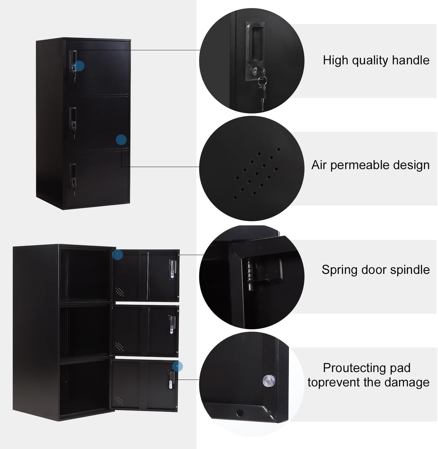 3 Door Metal Vertical Storage Locker for School, Office, Home,Gym,Stackable Steel Storage Cabinet with Lock,Anti-Falling Device. (3 Door, Black)