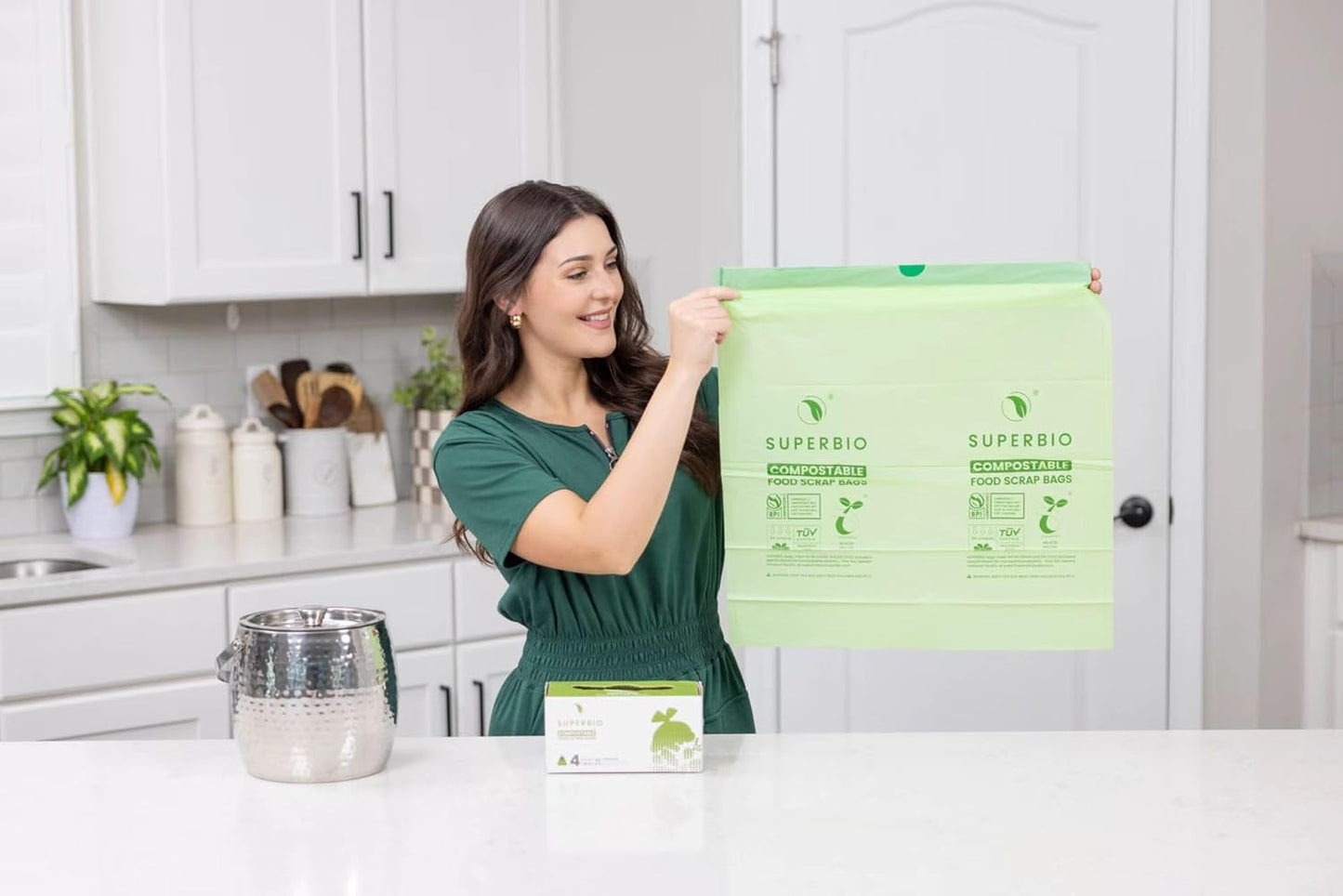 SUPERBIO 4 Gallon Compostable Drawstring Food Scrap Bags,15.1 Liter, 40 Count, 0.9 Mil,Heavy Duty Waste Bags, BPI, Seedling and OK compost INDUSTRIAL