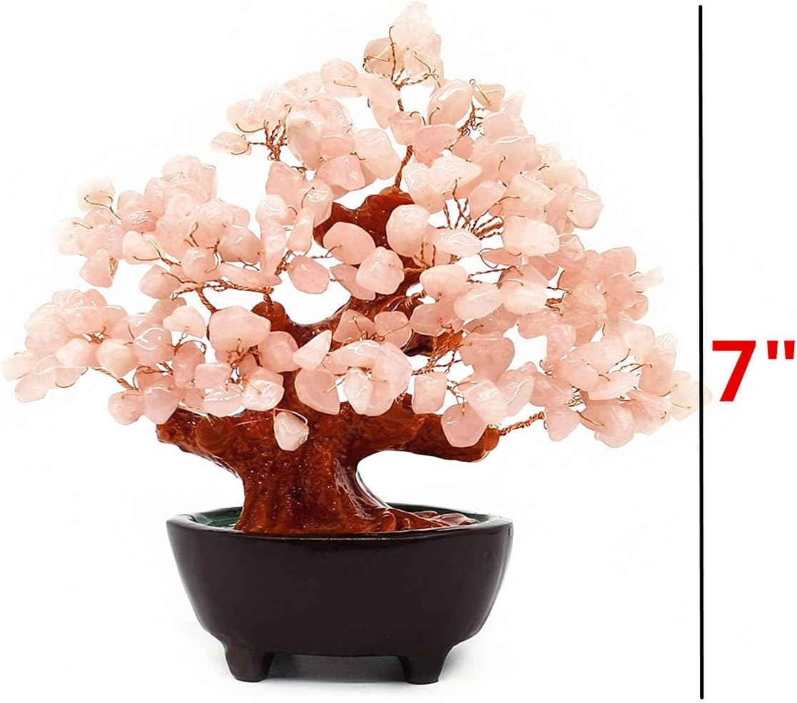 7 Inch Quartz Crystal Money Tree Bonsai Feng Shui Gem Decoration for Wealth and Luck (Pink)