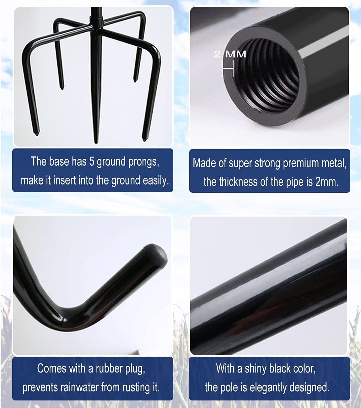 Shepherds Hook for Outdoor Bird Feeders Pole 92 Inch Tall, Adjustable Heavy Duty Garden Hanger Stake Pole with 5 Prong Base, Shiny Black (2 Packs)