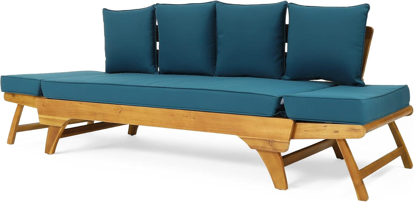 Outdoor Adjustable Patio Wooden Serene Daybed Sofa Chaise Lounge with Cushions for Small Places, Sleeper Chair with Armrest for Backyard, Poolside (Blue)