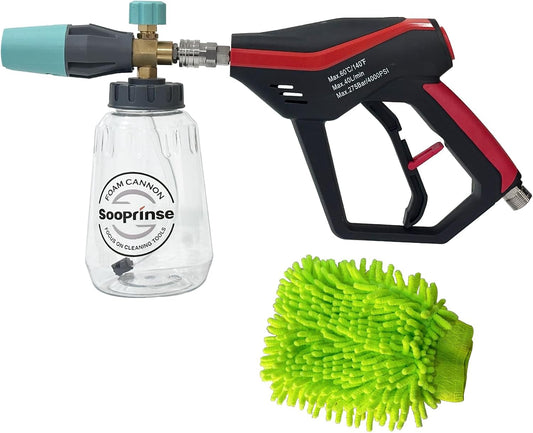 Sooprinse Pressure Washer Gun with Foam Cannon Snow Foam Lance, Short Pressure Washer Gun with Foam Cannon with 1/4 Inch Quick Connector, Power Washer Foam Blaster with Car Wash Mitt, 4000 PSI,1 Liter