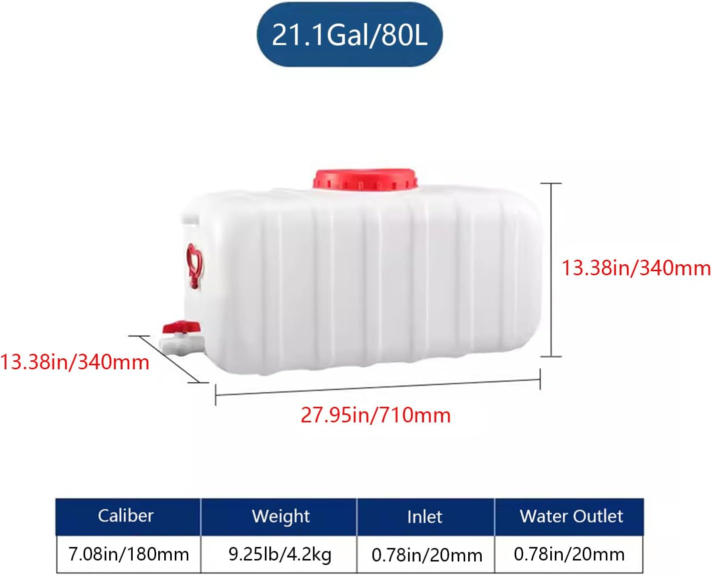 Plastic Water Storage Carrier with Tap 25L/35L/50L/80L/110L/200L Water Tank Dispenser Emergency Water Container for Camping Caravan Hiking Outdoor(Size:21.1Gal/80L)