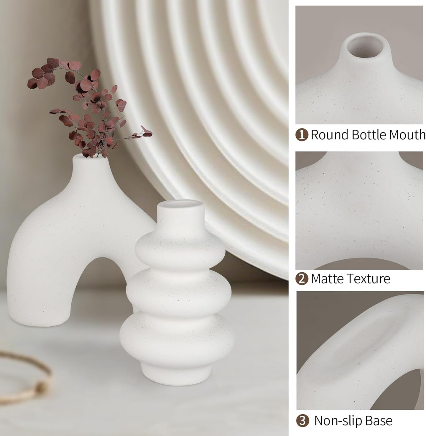 Ceramic Vase Set of 3, Small Flower Vase for Home Decor, Decorative Vases for Pampas Grass & Dried Flowers, Living Room, Bedroom, Bathroom, Shelf Centerpiece Table Decorations