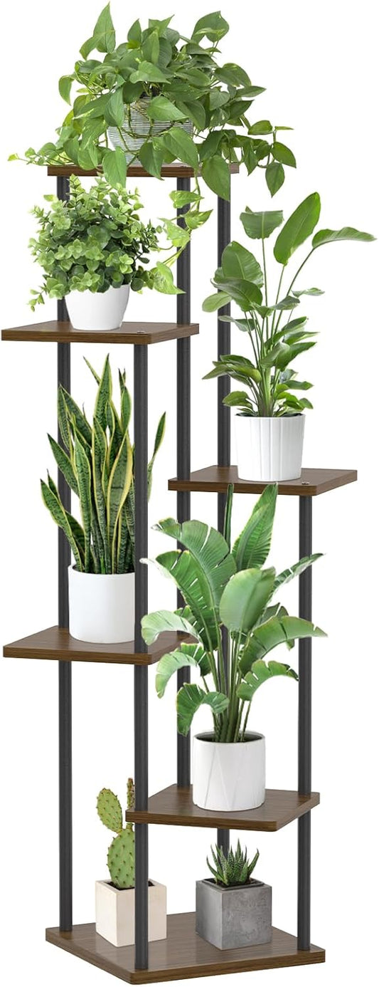 6 Tier Plant Stand Indoor, Tall Metal Wood Muti-Level Planter Shelf Holder, Sturdy Large Vertical Corner Orchid Flower Pot Display Rack for Narrow House Decor Office Living Room Bedroom, Oak