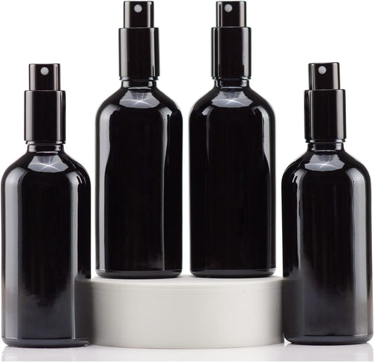 YIZHAO Black Glass Spray Bottles 4oz, with Small Fine Mist Spray, Metal Cap, Refillable for Essential Oil,Travel,Cleaning,Perfume,Aromatherapy,Makeup – 4 Pcs