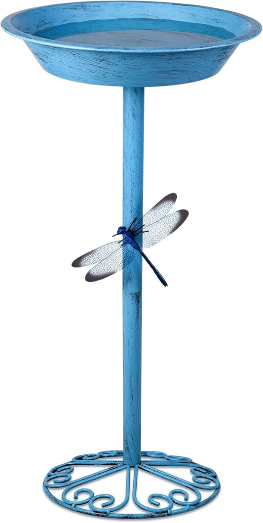 Bird Baths for Outdoors 25.5 Inch Height Outdoor Garden Bird Feeder Metal Birdbath with Dragonfly for Garden Yard and Lawn Decoration,Blue