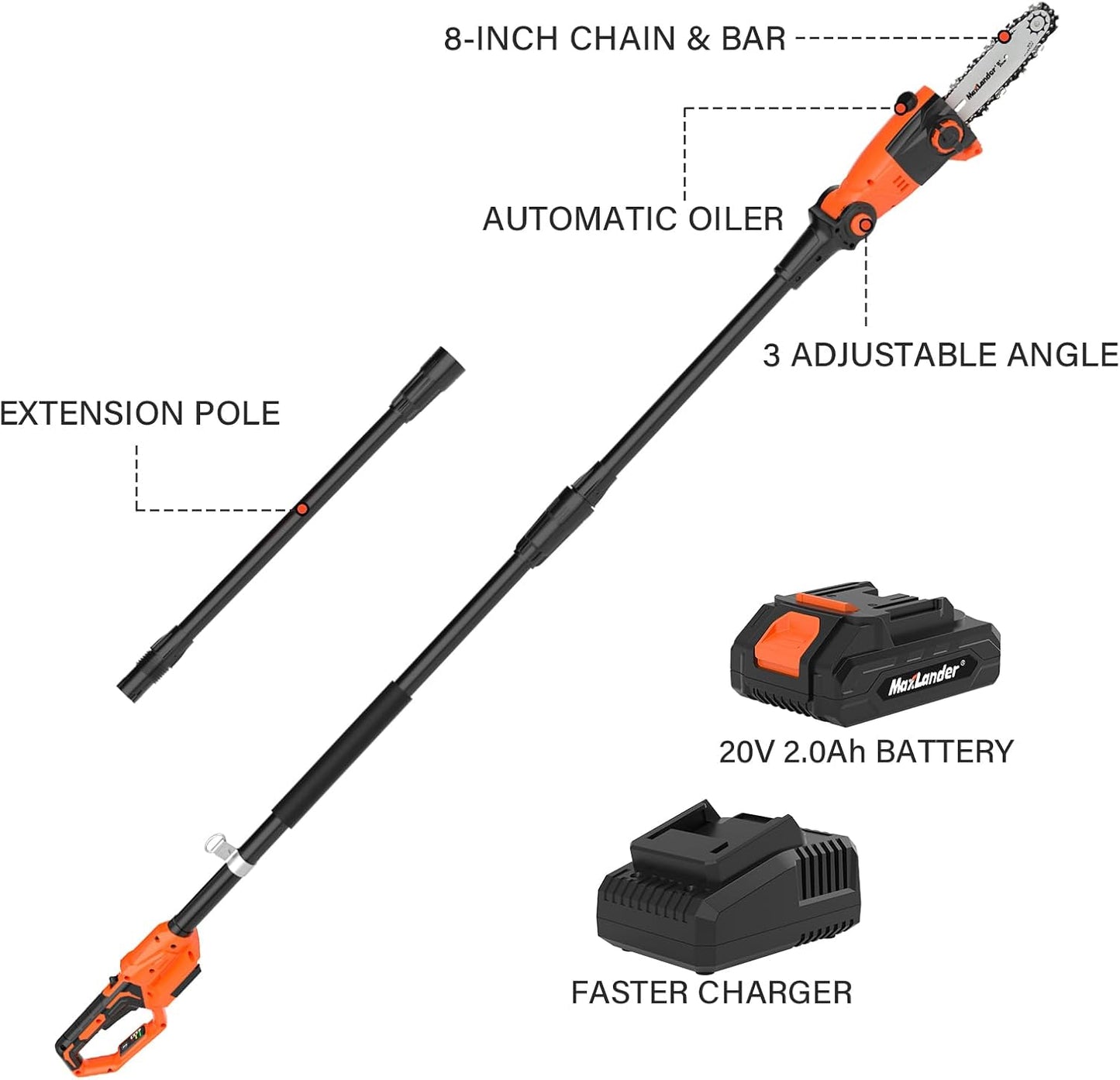 Pole Saw 8-Inch Cordless Pole Saws for Tree Trimming, 15-Feet MAX Reach Electric Pole Saw, 16ft/s Cutting Speed Auto Oiling Multi-Angle Pole Chainsaw with 2 x 20V 2.0Ah Battery & Charger