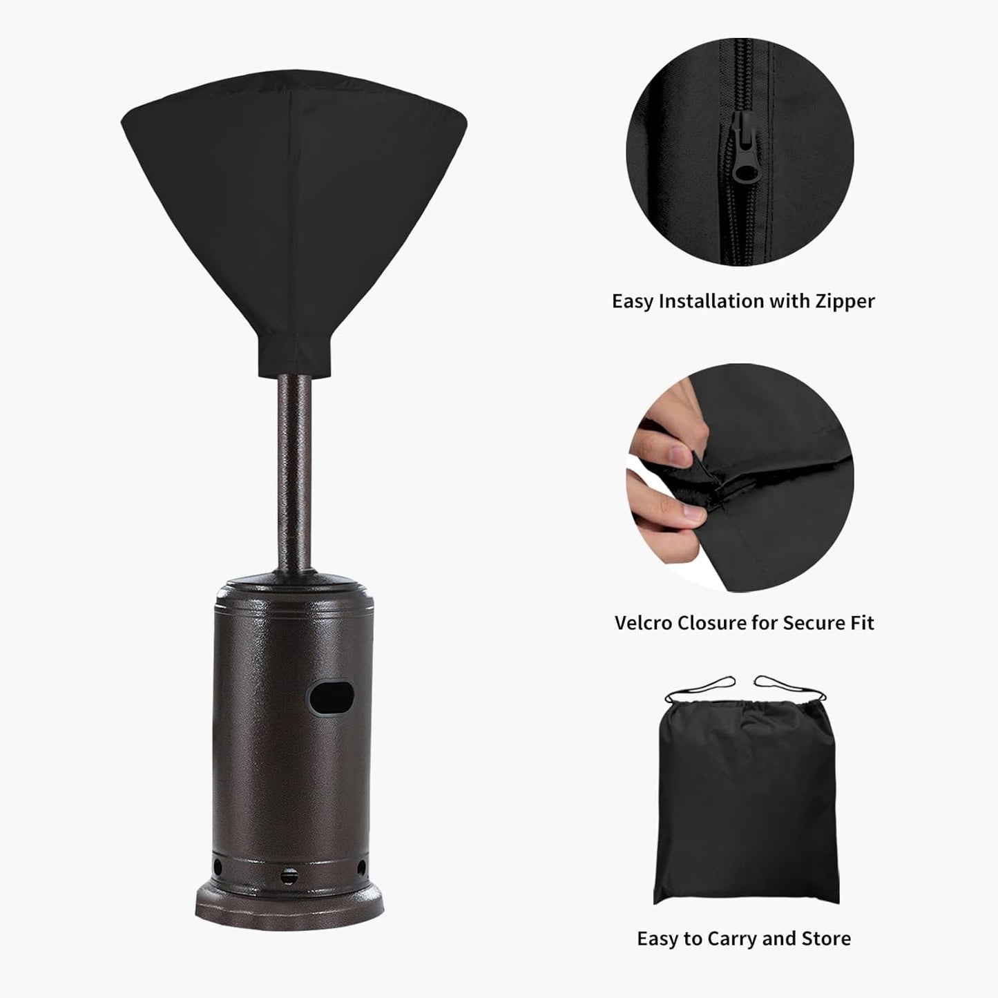 Easy-Going Patio Heater Head Cover with Zipper and Storage Bag, Waterproof Outdoor Round 34" D Heater Cover Top for Standing Heat, Dustproof, UV-Resistant (Top Cover Only, Black)