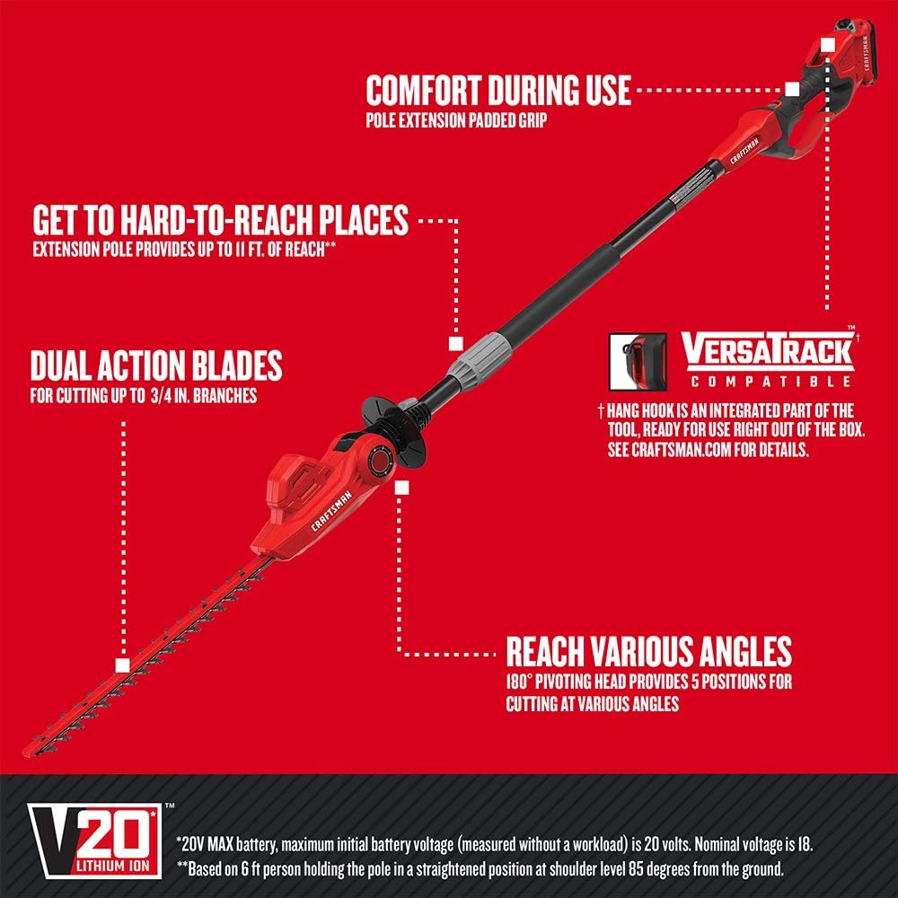 Craftsman V20 Cordless Pole Hedge Trimmer (CMCPHT818D1) and CRAFTSMAN V20 Cordless Handheld Grass Trimmer and Mini Hedge Trimmer Kit (CMCSS800C1)
