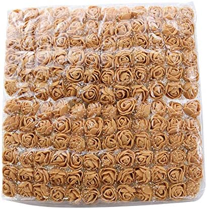 Mini Rose Fake Flower Heads in Bulk for Crafts Artificial Flowers for Home Wedding Decoration DIY Party Birthday Decor Pompom Wreath Decorative Bridal Flower 144pcs (Bottom add Gauze) Tan
