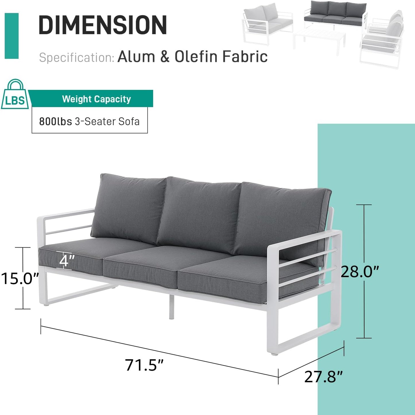 Patiorama Aluminum Patio Furniture Set, Outdoor Patio 3-Seater Sofa, 3 Seats Couch, All Weather White Metal Chair with Olefin Cushion, Deep Seating, 800 lbs Capacity, Deck, Garden-Grey Cushion