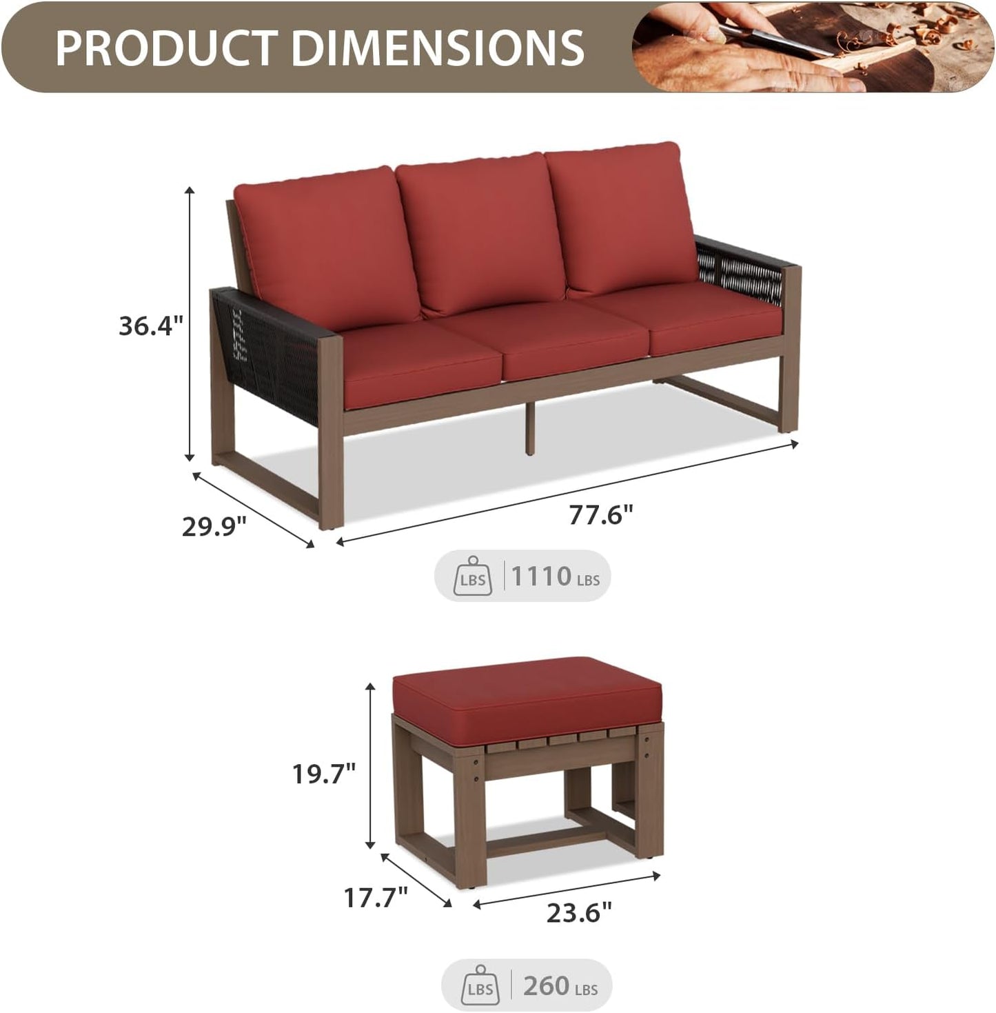EAGLE PEAK Natural Wood Outdoor Patio Furniture, Cedar Furniture, Conversation Set, Outdoor Seating for Deck Patio Porch, Sofa & Ottomans, 3 Pieces, Brown/Red