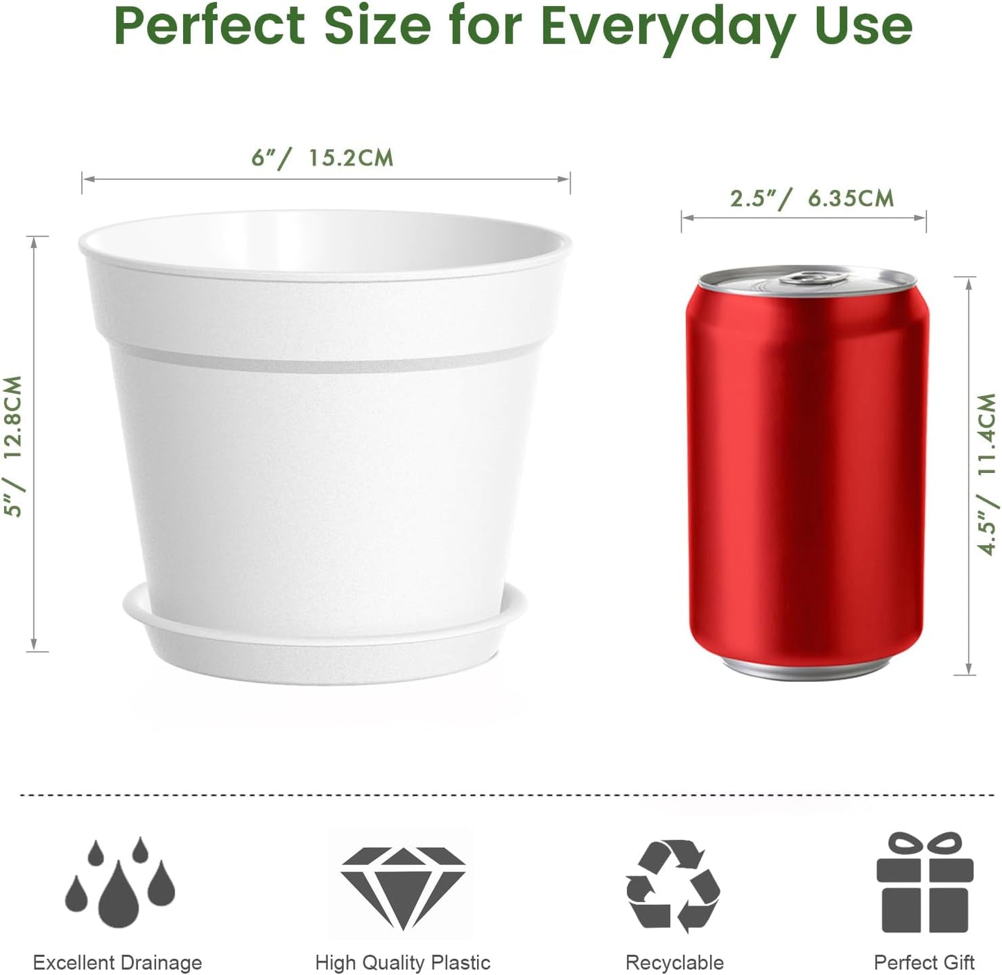 10 Pack 6 Inch Plant Pots with Drainage and Saucers, White Plastic Flower Pots for Indoor and Outdoor Plants, Stackable Nursery Planters for Houseplants and Herbs, White