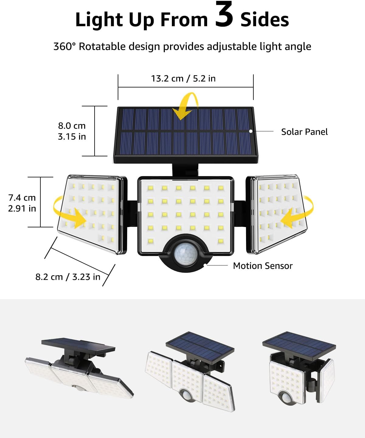 LE Solar Lights for Outside, Solar Lights Outdoor with Motion Sensor, WL4000 High Brightness, 3 Adjustable Heads 270° Wide Lighting Angle, IP65 Waterproof, Wireless Wall Lamp for Yard Garage