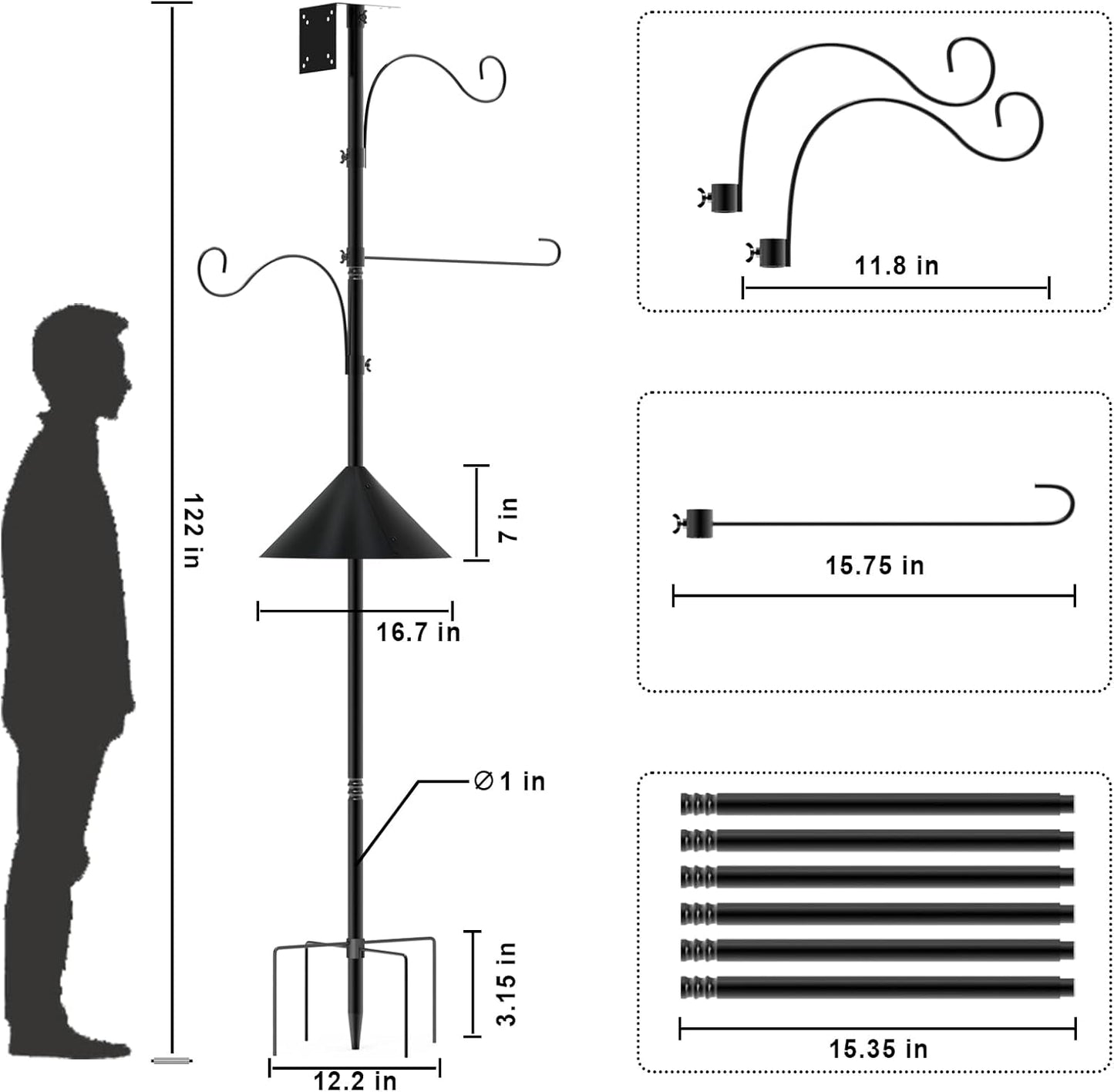 Bird Feeder Pole 118 Inch, Hummingbird House Mount Kit With Squirrel Proof Baffle, Double Shepherds Hooks for Outdoor, Yard, Garden Decor, Black (House Not Included)
