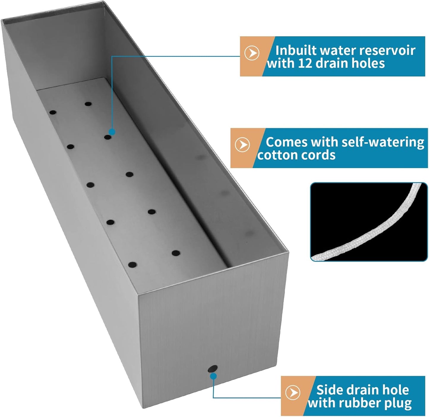 17" Large Stainless Steel Planter Box with Drain Holes and Water Reservoir, Rectangle Succulent Trough Planter Pot for Indoor Outdoor Windowsill, Table Decor (Brushed Nickel)