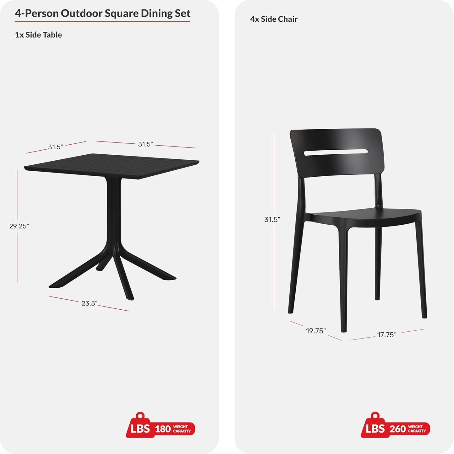 5-Piece Outdoor Dining Set, HDPE Patio Square Bistro Table and Stackable Chairs Sets for 4, Patio Furniture All Weather for Backyard Poolside, White