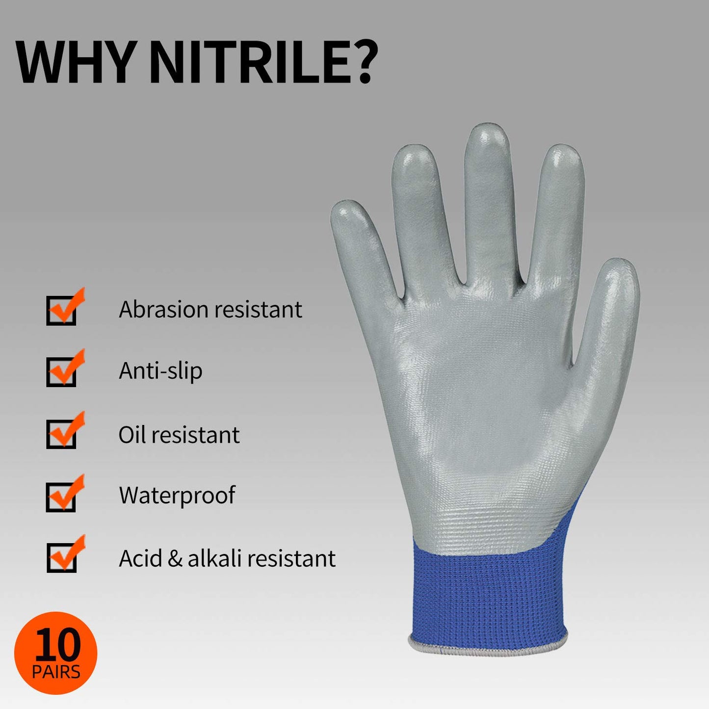 Vgo... 10-Pairs Safety Work Gloves, Gardening Gloves, Non-slip Nitrile coating, Dipping Gloves (Size L, Blue, NT2110)