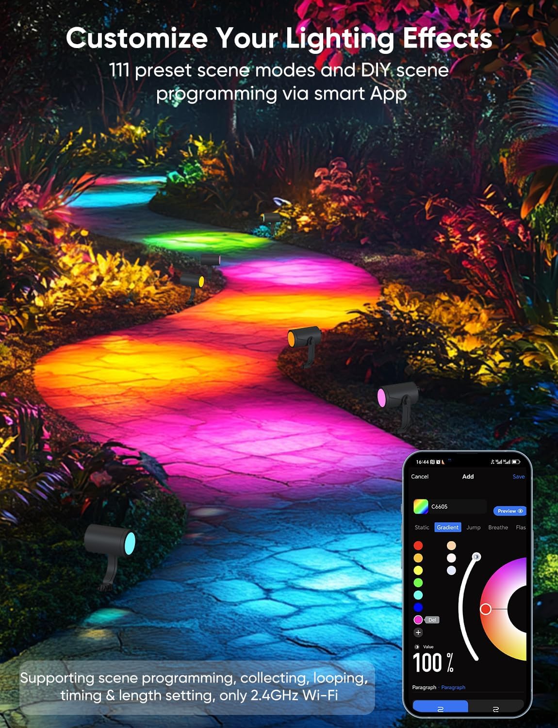 Smart Landscape Lighting Kit 36W, RGBCW Smart Landscape Lights 6 Pack, IP65 Waterproof Outdoor Spotlights, Alexa/Google Assistant Compatible, for Garden Pathway Yard Holiday Decor