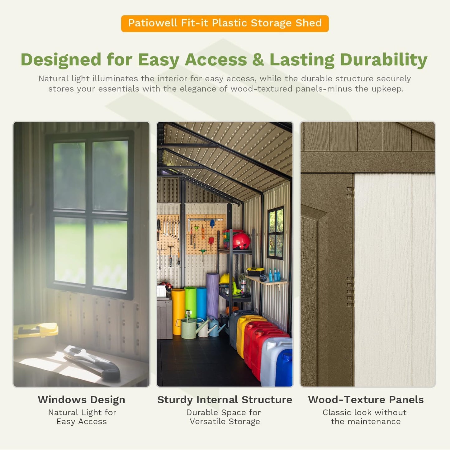 Patiowell 8 x 8 FT Plastic Outdoor Storage Shed with Floor, Resin Shed with Window and Lockable Door for Garden, Backyard, Tool Storage Use, Easy to Install in Brown (Kick-it Shed)