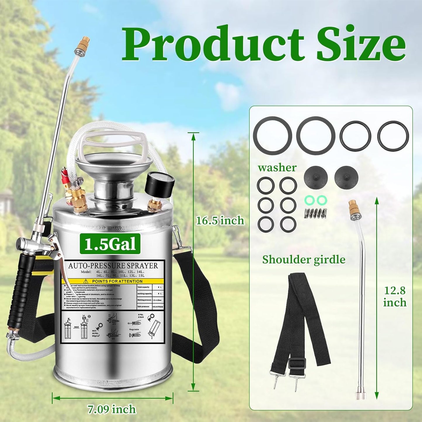 1.5Gal Stainless Steel Pump Up Sprayer Reinforced Hose, Hand Pump Sprayer with Pressure Gauge&Safety Valve, Adjustable Nozzle Suitable for Gardening (1.5 Gallon)