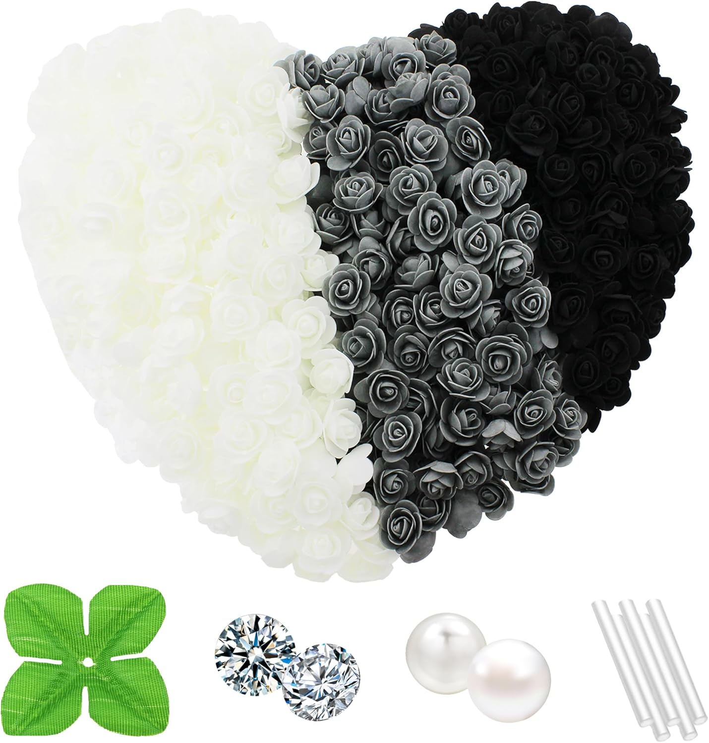 500 Pcs 1.4 Inch Mini Artificial Flowers Head Bulk 5 in 1 Set Faux Foam Fake Small Rose Tiny Baby Flores Bouquet Cake Gift Home Decoration DIY Craft (Black, Gray, White Mixed)