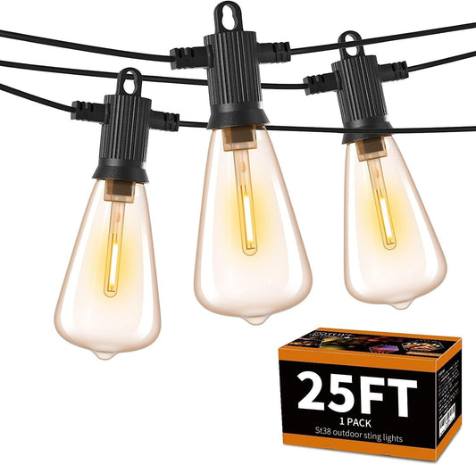 ZOTOYI Outdoor String Lights 25FT, Waterproof IP65 Patio Lights with 13 Shatterproof ST38 LED Bulbs, Outside Hanging Light Dimmable for Backyard, Bistro, Cafe, Garden 2700K Warm White