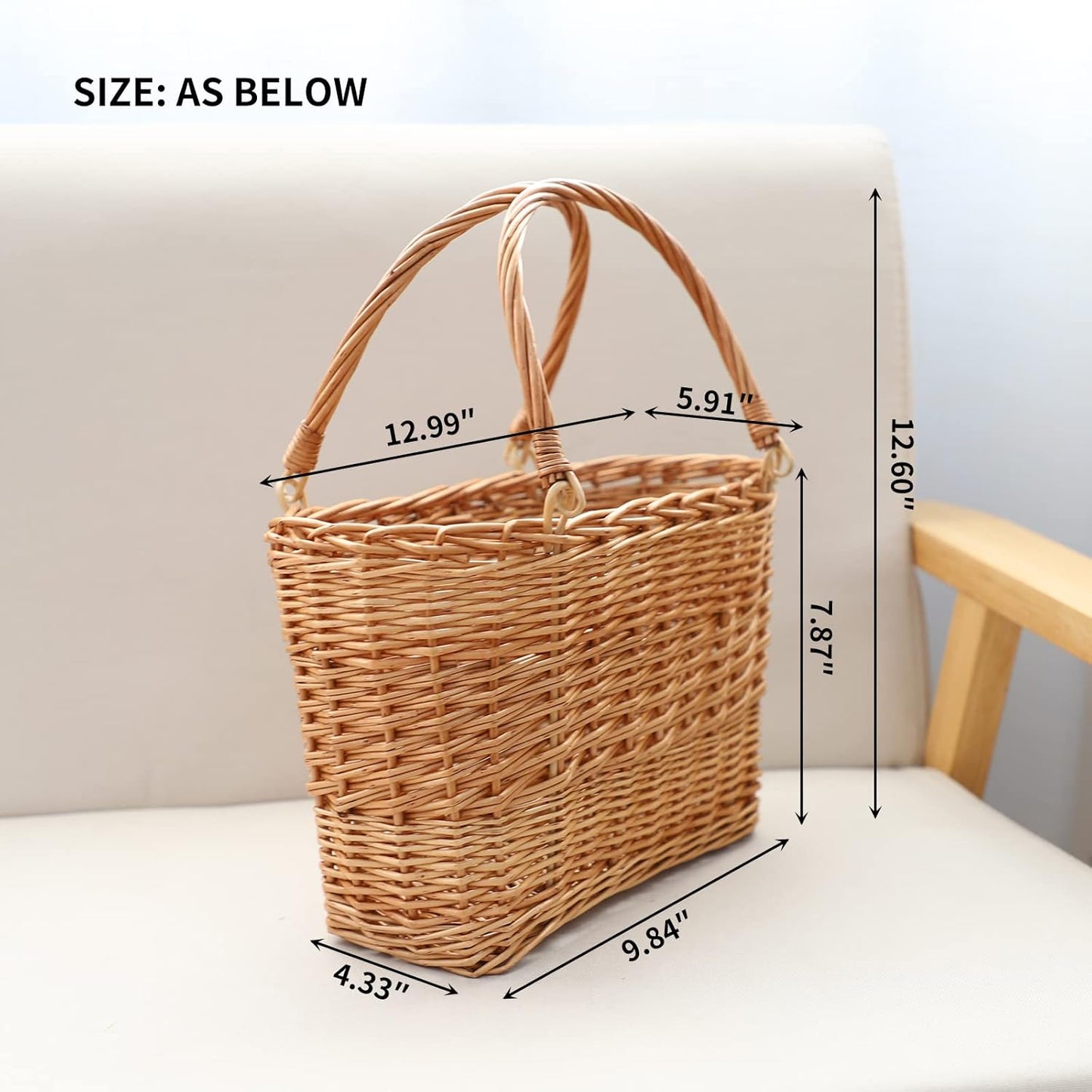 Natural Wicker Picnic Basket with Handle - Woven Willow Basket for Eggs, Candy, Groceries, Flowers, Gifts, Home & Outdoor Storage, 13x6x8 inches