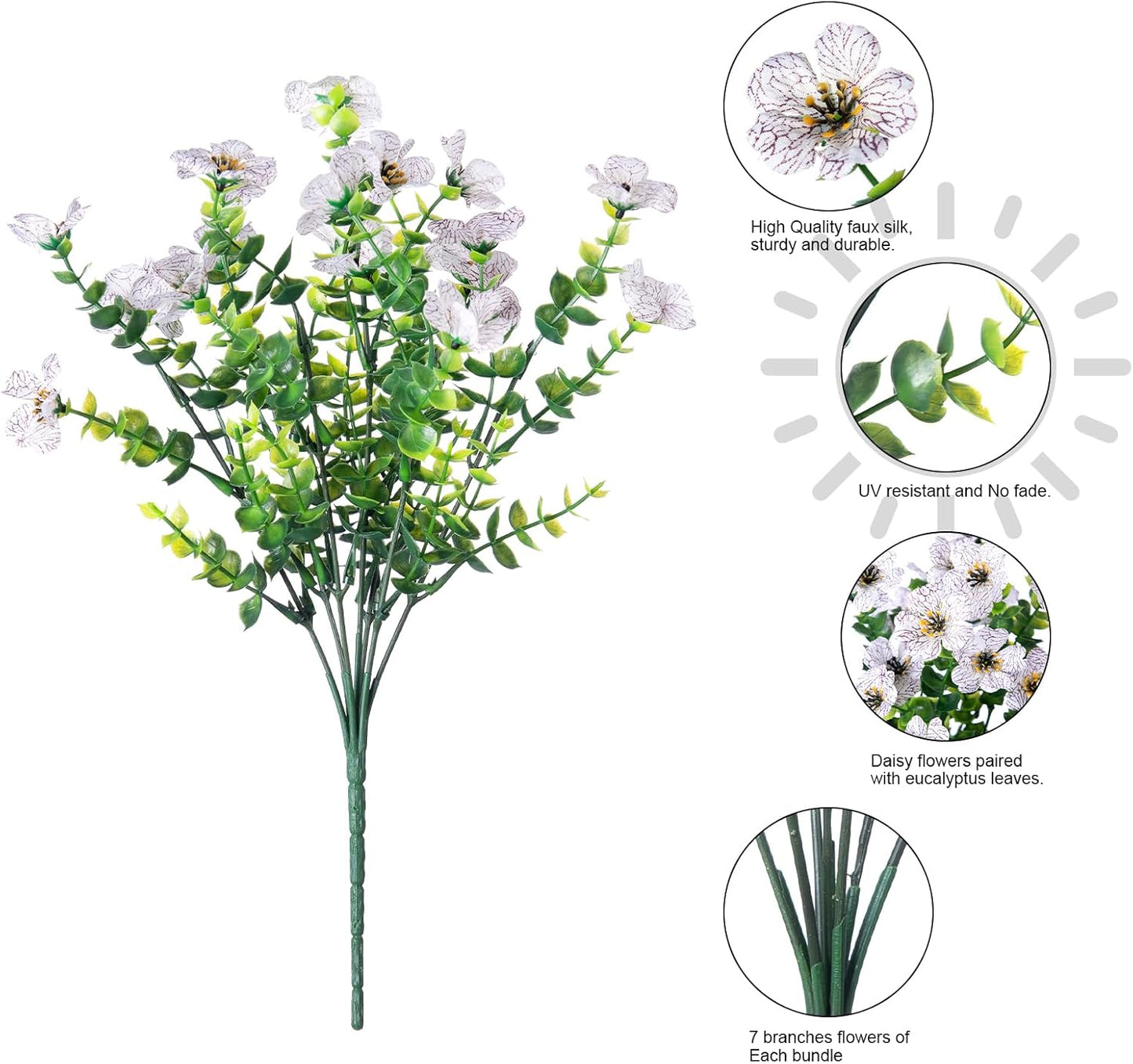 Artificial Flowers for Outdoor Indoor Garden Home Decoration, Faux Flower Daisy with Eucalyptus Leaves Fake Plants Greenery Boxwood Porch Patio, 12 Bundles (Creamy White)