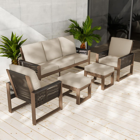 EAGLE PEAK Natural Wood Outdoor Patio Furniture, Cedar Furniture, Conversation Set, Outdoor Seating for Deck Patio Porch, Sofa, 2 Chairs & 2 Ottomans, 5 Pieces, Brown/Beige