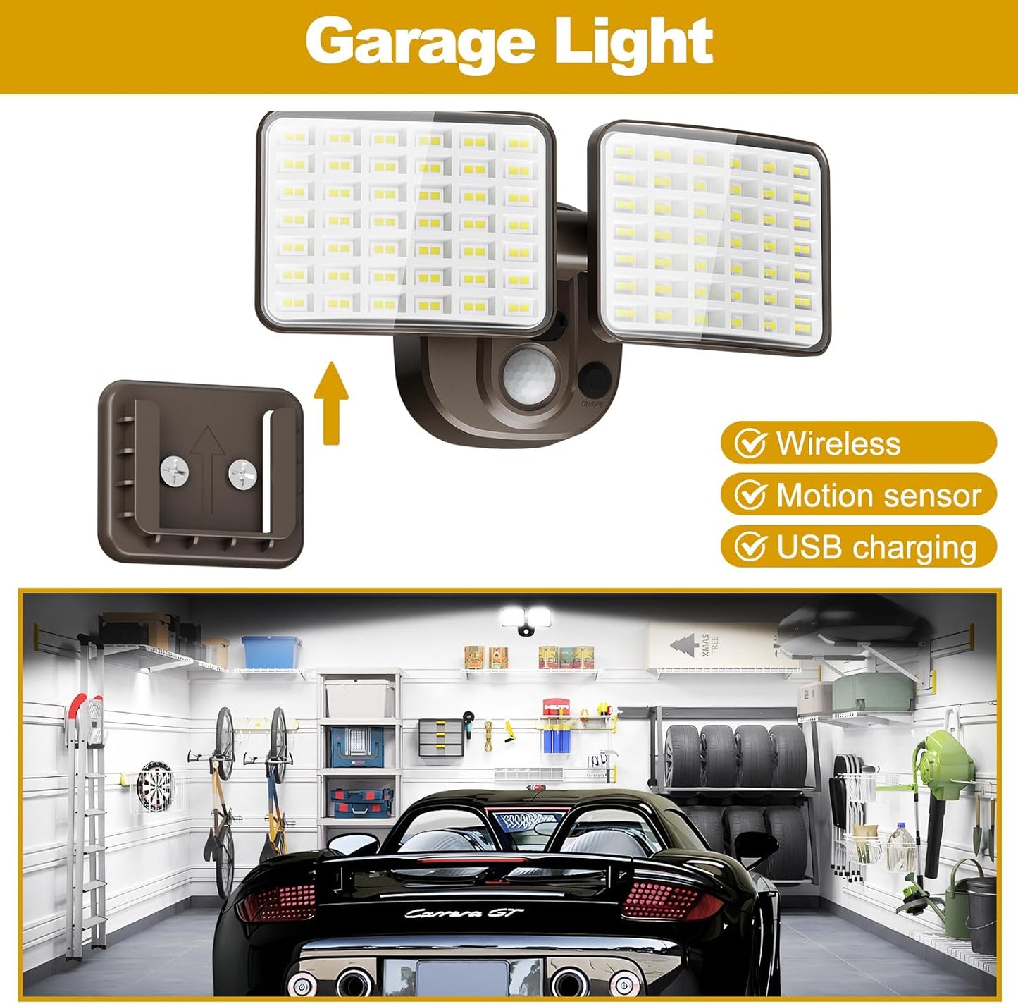 Rechargeable Battery Operated Motion Light 2500LM & 4000LM Motion Sensor Security Light(1-3 Months Endurance) USB Charging LED Flood Light Outdoor (Brown) 1 Pack