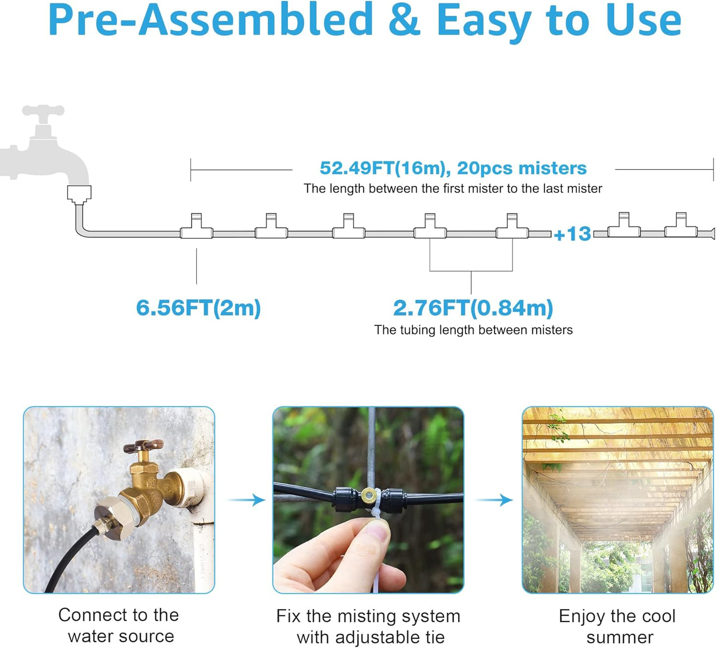 Bonviee Misters for Outside Patio - 59FT Misting Cooling System with 20 Brass Nozzles and 3/4" Adapter, 18M DIY Outdoor Misters Kit for Garden, Greenhouse, and Patio Cooling