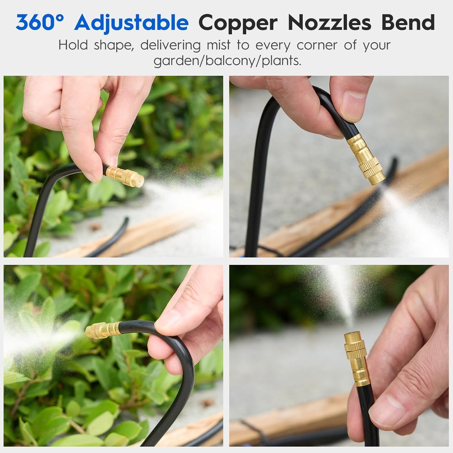 360° Automatic Drip Irrigation Kit - 5/16'' Tubing, Adjustable Universal Spray Nozzle, Copper Atomizing System for Garden/Lawn/Greenhouse - Multi-Directional Rotation, Quick Connectors, 16FT