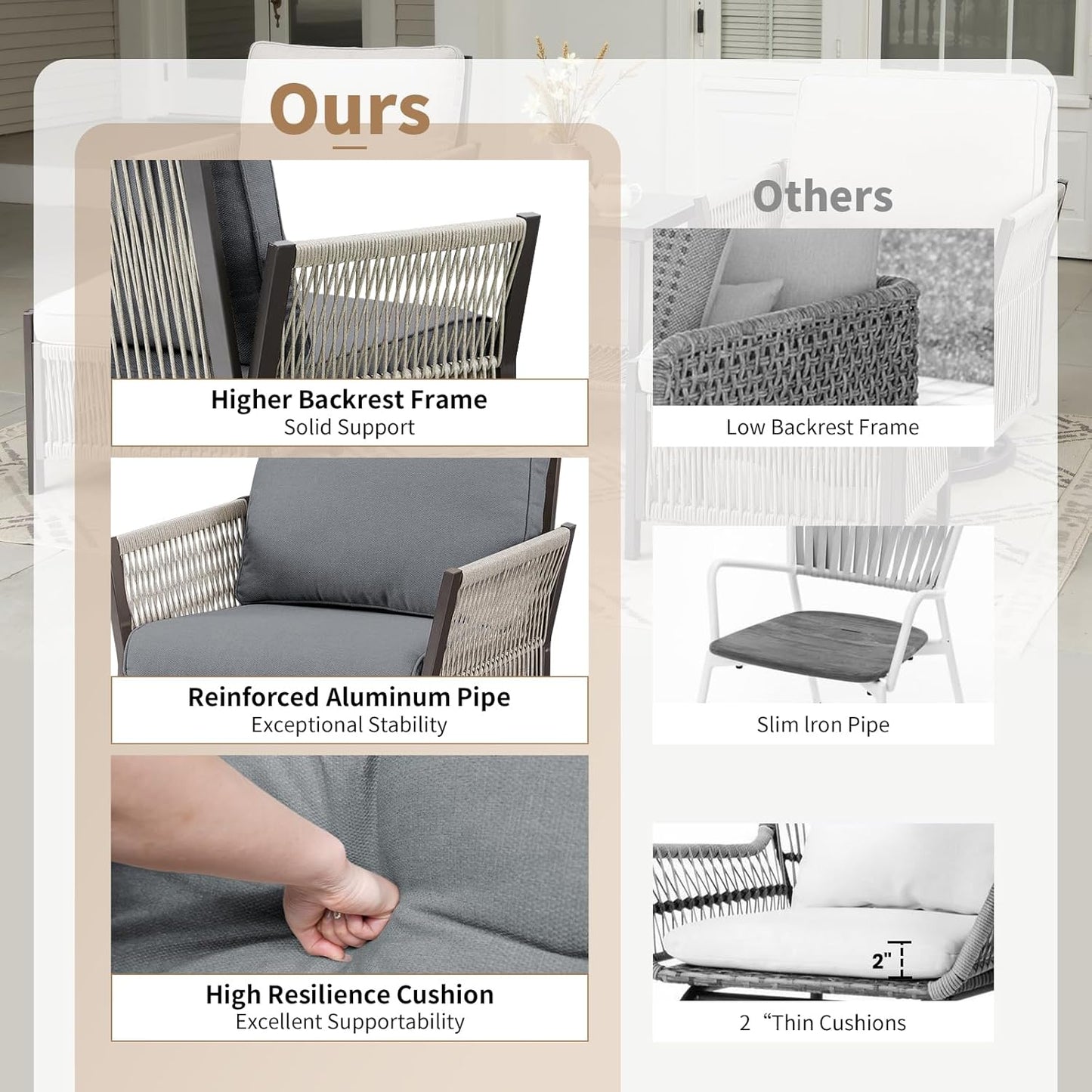 Patio Furniture Wicker Outdoor Conversation Set, 5-Piece All Weather Patio Furniture Rattan Rocking Sets w/Removable Cushions & Ottomans for Backyard, Balcony, Deck, Dark Grey