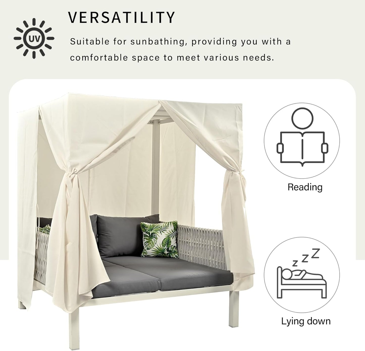 Polibi Outdoor Patio Sunbed with Beige Curtains,Outdoor Sun Lounger Bed with Pillows,Rubber Core Rope Weaving Outdoor Double Chaise Lounge Suitable for Pool,Garden,Gray+Beige