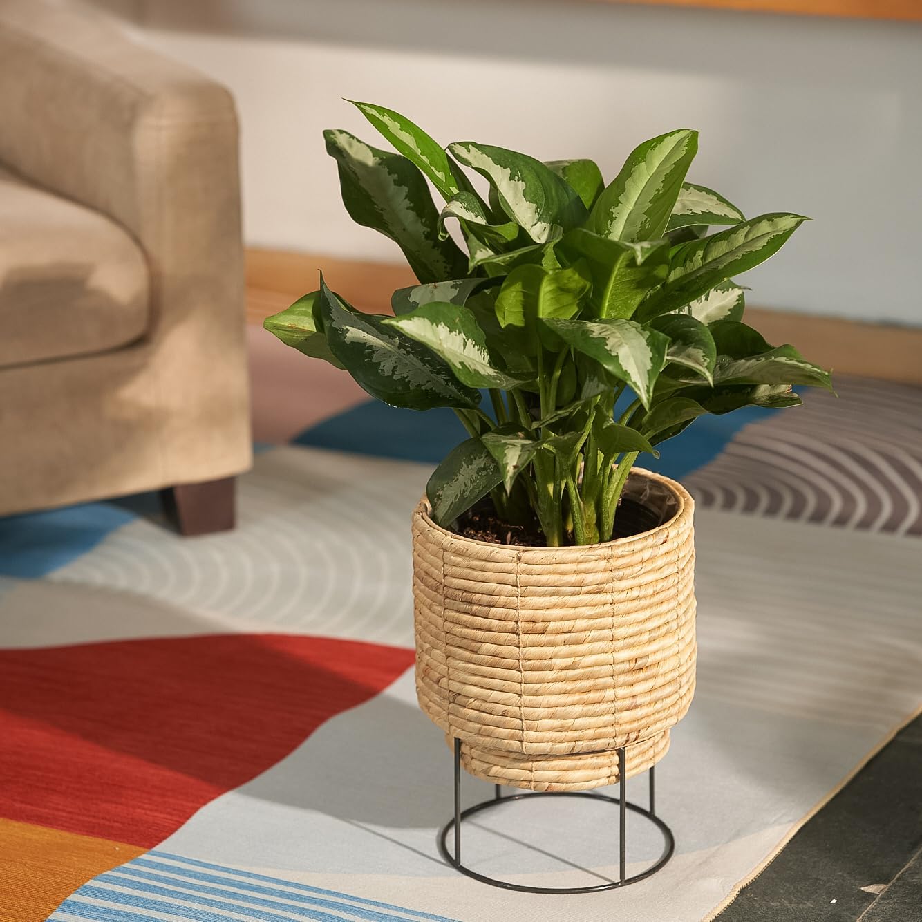 Set of 2 Water Hyacinth Planter Pot with Metal Stand - Indoor Flower, Succulent & Basket Planter - Decorative Braided Pot Cover