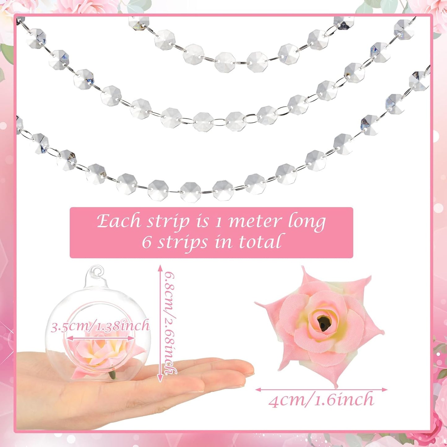 24 Sets Hanging Glass Candle Holder Wedding Glass Globe with Acrylic Gems Bead Garland Tea Light Holder Orbs Container for Flower Plants Micro Landscape DIY Xmas Tree Party Decoration 2.36 Inch