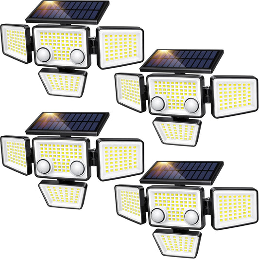 Solar Lights Outdoor - 3000LM 188 LED Motion Sensor Outdoor Lights, 4 Heads IP65 Waterproof Powered Security Flood Lights, 270°Wide Lighting Angle Wall Light with Sensors for Backyard (4 Pack)