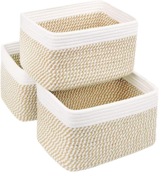 Small Cotton Rope Basket – Storage Bin for Organizing (10.6" x 6.7" x 6.7"), Bathroom Storage Basket for Shelf, Counter & Closet（White & Mixed Camel）